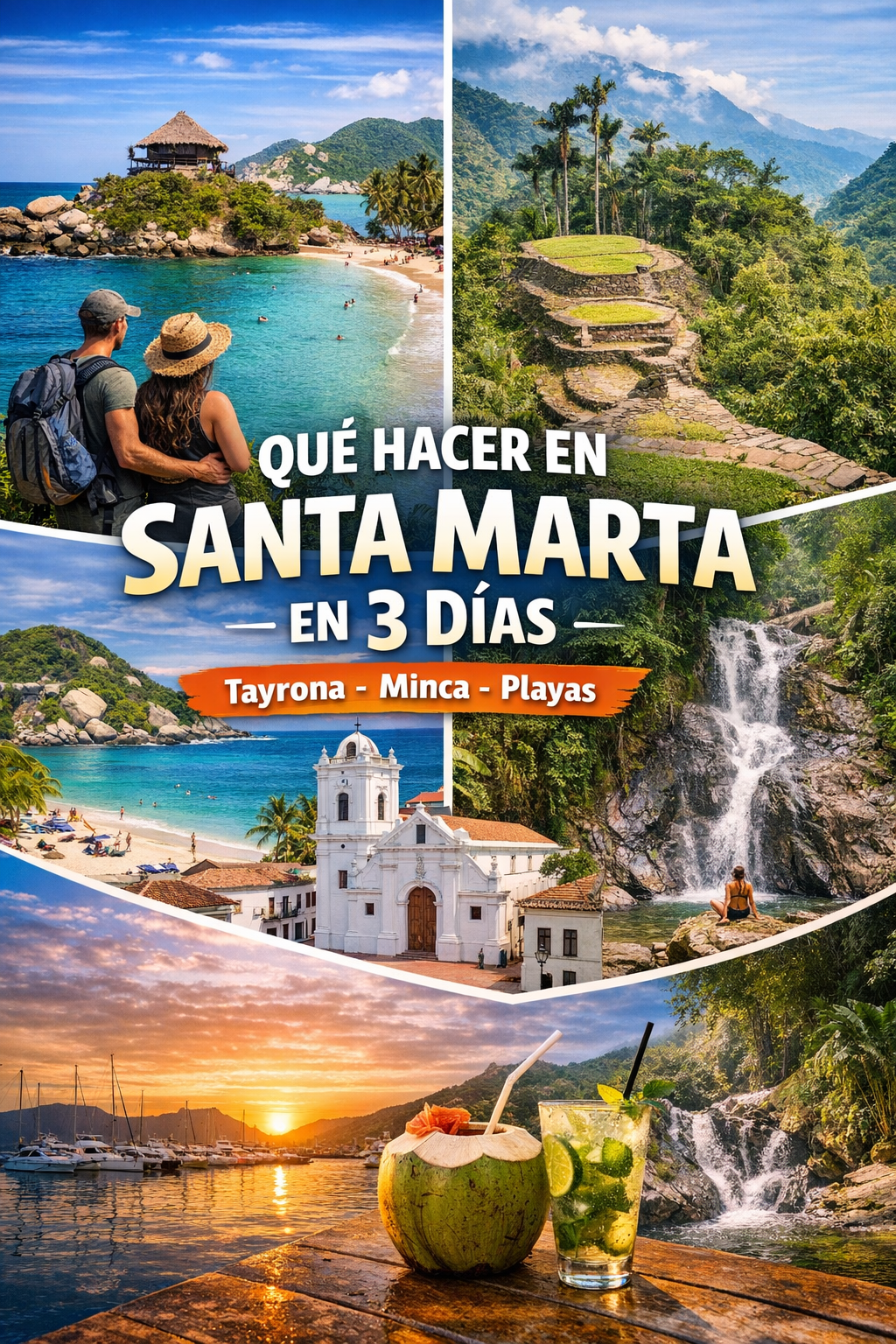 Vista panorámica de Santa Marta Colombia con playas del Caribe, centro histórico y montañas de la Sierra Nevada al fondo