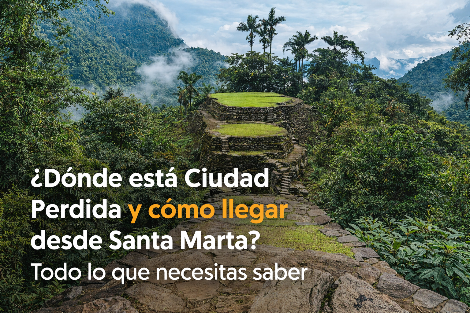 vista panorámica de ciudad perdida en la sierra nevada de santa marta con terrazas de piedra rodeadas de selva tropical